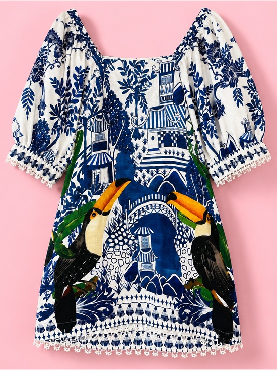 FARM Rio Dresses & Skirts - Farm Rio Ancient Garden Mini Dress Toucan Pagoda Linen Blend XS NWT